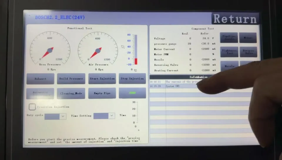 BG touchscreen showing functional controls, component readings and information log